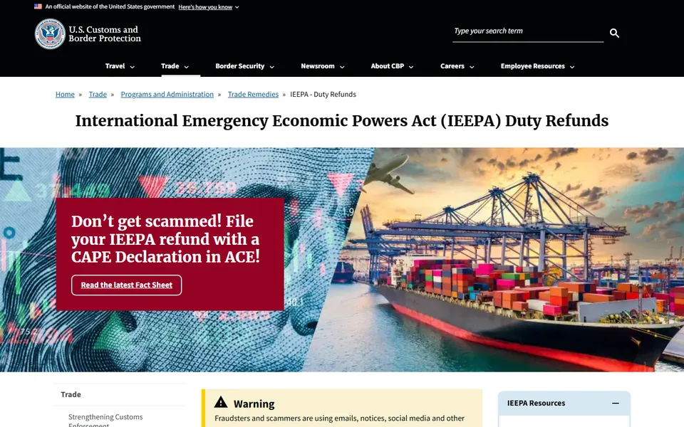 CBP web page for IEEPA duty refunds describing the CAPE process.